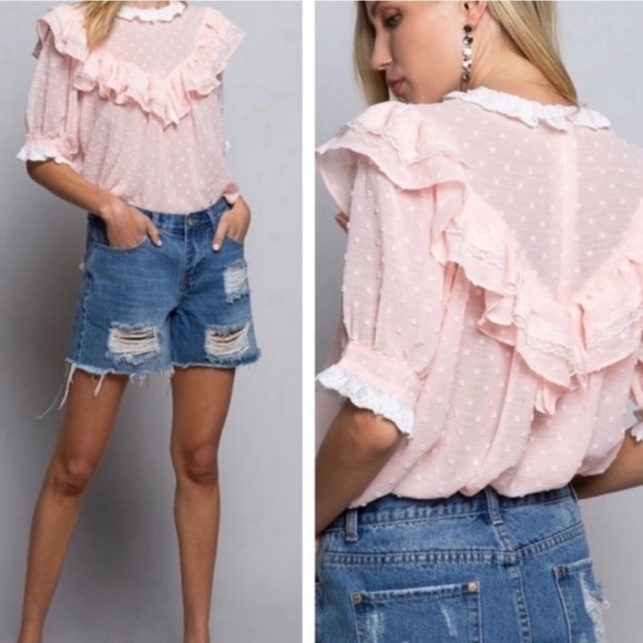 POL Sheer Swiss Dot Ruffle Blouse – Size L - Feminine Lace Top - Picture 2 of 12